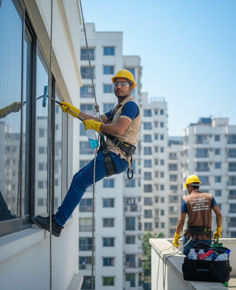 Glass & Façade Cleaning: High-rise exterior glass cleaning and maintenance.